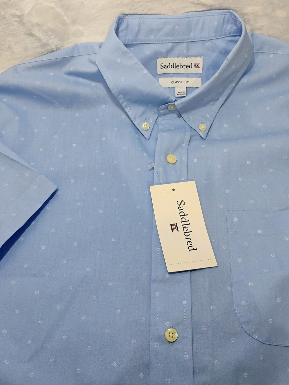 Saddlebred Mens Large Blue Geometric Floral‎ Button Short Sleeve Shirt NEW S